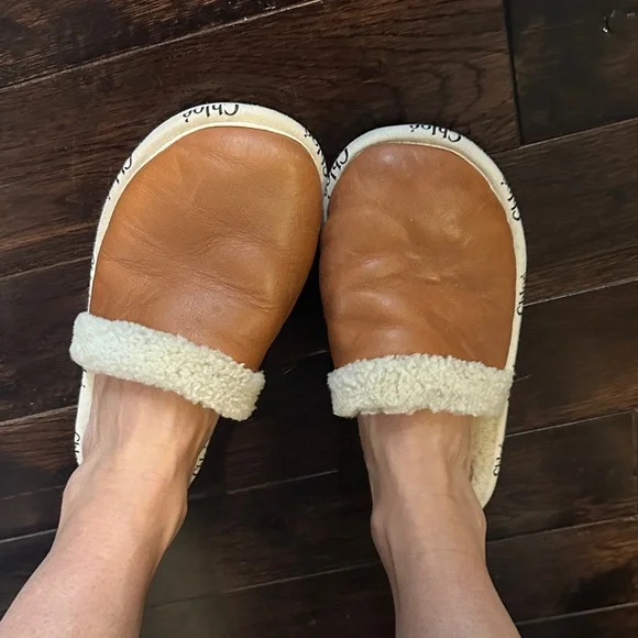 Chloe Sherpa + leather slipper + slides indoor / outdoor size 36